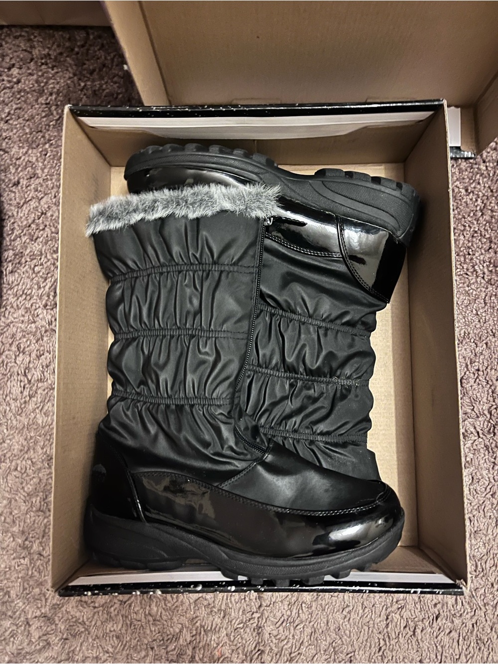 Totes Black Fur Cuff Quilted Winter Boots